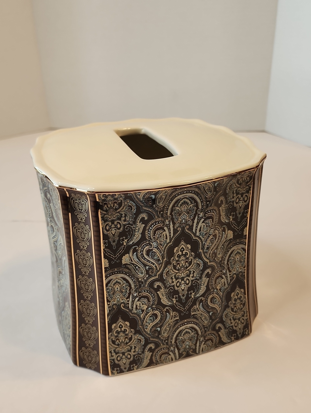 Lovely Decorative Brown Cream Blue, Gold Tissue Box Cover Elegant Paisley Design